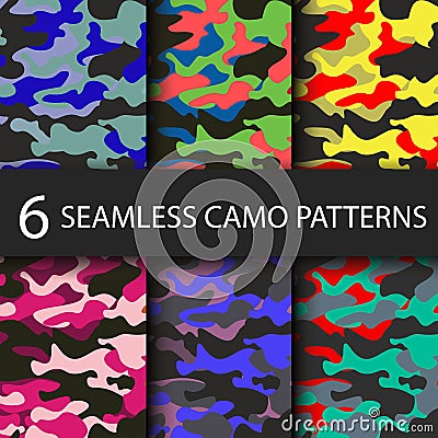 Set of 6 pack Camouflage seamless patterns background with black shadow. Classic clothing style masking camo repeat Vector Illustration