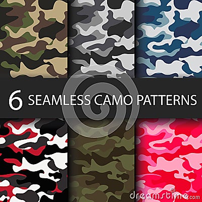 Set of 6 pack Camouflage seamless patterns background with black shadow. Classic clothing style masking camo repeat Vector Illustration