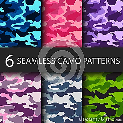 Set of 6 pack Camouflage seamless patterns background with black shadow. Classic clothing style masking camo repeat Vector Illustration