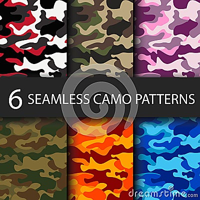 Set of 6 pack Camouflage seamless patterns background with black shadow. Classic clothing style masking camo repeat Vector Illustration