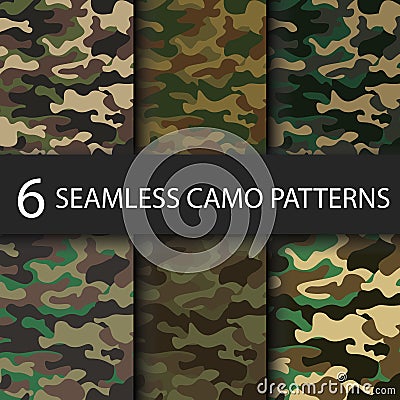 Set of 6 pack Camouflage seamless patterns background with black shadow. Classic clothing style masking camo repeat Vector Illustration