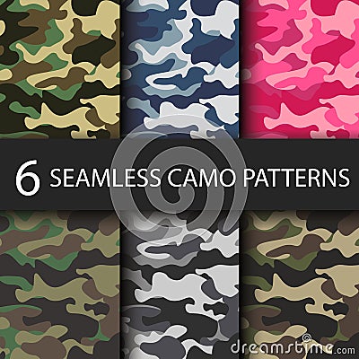 Set of 6 pack Camouflage seamless patterns background with black shadow. Classic clothing style masking camo repeat Vector Illustration