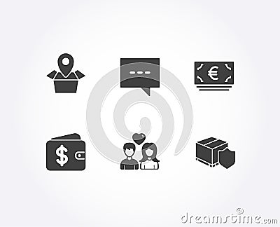 Package location, Euro currency and Blog icons. Dollar wallet, Couple love and Delivery insurance signs. Vector Illustration
