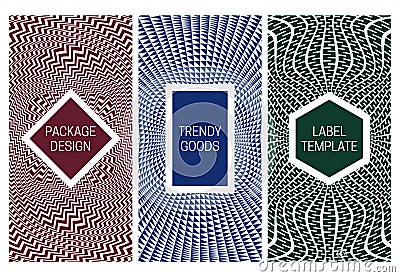 Set of packaging design with monochrome psychedelic pattern. Backgrounds of optical ripples with frames for text Vector Illustration