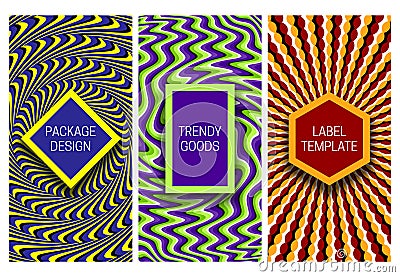 Set of packaging design with optical illusion backgrounds of psychedelic patterns. Hypnotic backdrop with frames for text Vector Illustration