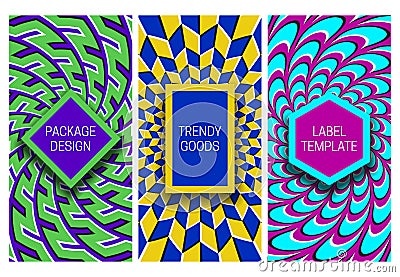 Set of packaging design with optical illusion psychedelic backgrounds. Hypnotic backdrop with frames for text Vector Illustration