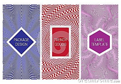 Set of packaging design with various monochrome psychedelic patterns. Ripple effect backgrounds with frames for text Vector Illustration