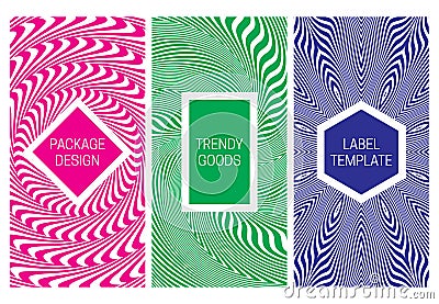 Set of packaging design with various psychedelic monochrome patterns. Optical effect backgrounds with frames for text Vector Illustration