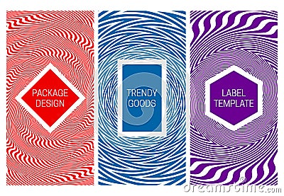 Set of packaging design with various psychedelic monochrome patterns. Optical effect backgrounds with frames for text Vector Illustration