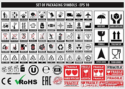 Set of packaging symbols, FCC,ROHS,tableware, plastic, fragile symbols, cardboard symbols Vector Illustration