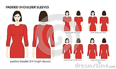 Set of Padded shoulder sleeves clothes - long, short, 3-4, elbow length technical fashion illustration with fitted body Vector Illustration