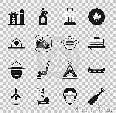 Set Paddle, Kayak, Stack of pancakes, Inukshuk, Canada map, Canadian ranger hat, Farm house and icon. Vector Vector Illustration