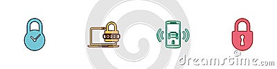 Set Padlock with clock, Laptop password, Smart car alarm system and Lock icon. Vector Vector Illustration