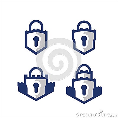 Set Padlock in shield and castle shape logo icon symbol of safety guard secure and protection Vector Illustration