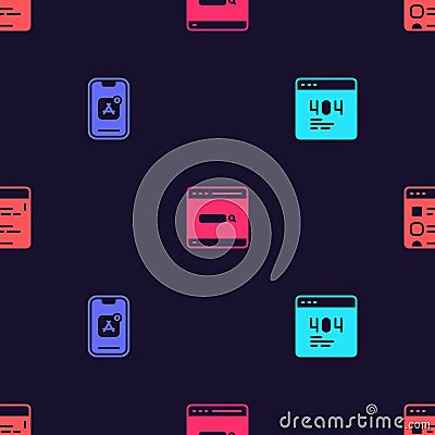 Set Page with a 404 error, Mobile Apps, Search engine and Browser files on seamless pattern. Vector Vector Illustration