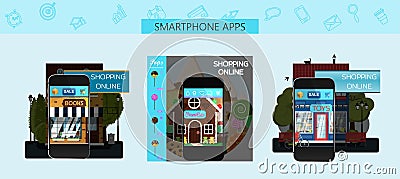 A set of pages for mobile app stores. Vector cartoon illustration. Ads for an online candy store, toy store, and Vector Illustration