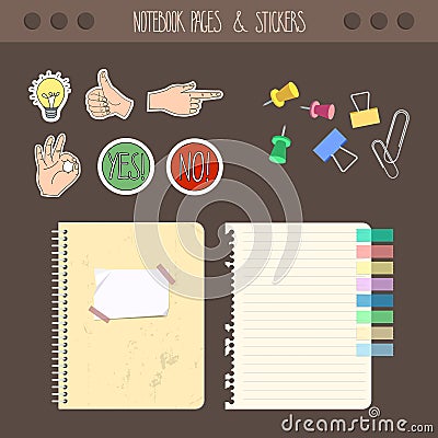 Set of pages notebook with stickers, colored tape, staples. Template for school accessories, scrapbook, wrapping Vector Illustration