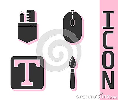 Set Paint brush, Crossed ruler and pencil, Text and Computer mouse icon. Vector Vector Illustration