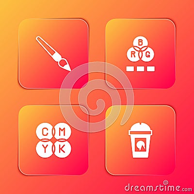 Set Paint brush, RGB color mixing, CMYK and Coffee cup to go icon. Vector Vector Illustration