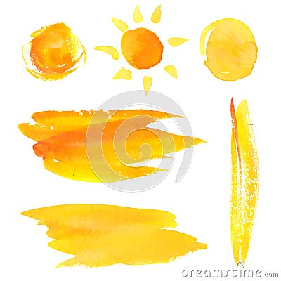 Set of paint brush strokes and splotches. Yellow Vector Illustration