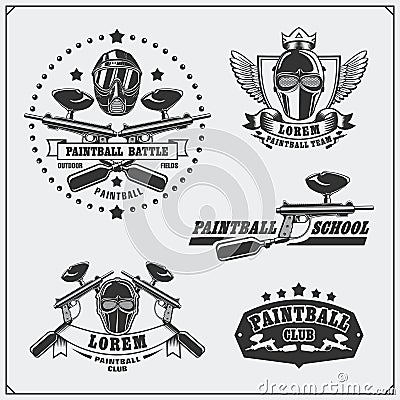 Set of paintball club labels, emblems, symbols, icons and design elements. Vector Illustration