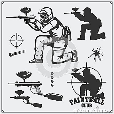 Set of paintball club labels, emblems, symbols, icons and design elements. Shooting man and paintball equipment. Vector Illustration