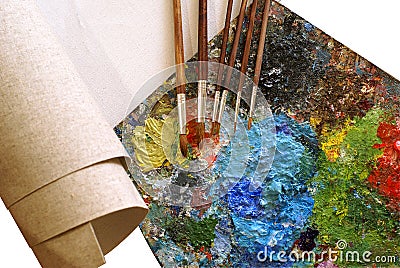 Set for painting - canvas, palette, paintbrushes Stock Photo