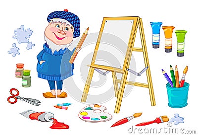 Set of painting objects. Illustration of funny artist and art supplies. Educational and artistic tools elements. Isolated drawings Vector Illustration