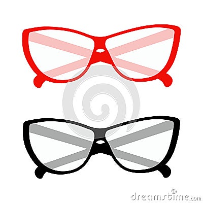 Set of 2 pairs of Elegant stylized glasses with transparent lenses in a red and black frame. Vector Vector Illustration