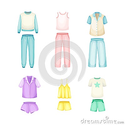 Set of pajamas, sleepwear for women. Cotton textile night clothes cartoon vector illustration Vector Illustration