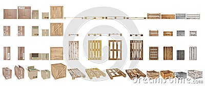 A set of pallets, boxes and cartons. Top view, side view, front view and perspective. Isolated on white background. 3d rendering. Stock Photo