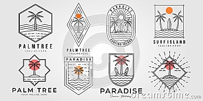 set of palm tree and paradise logo vector illustration design. bundle of tropical beach line art symbol Vector Illustration