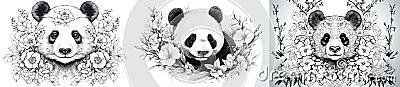 Set of panda illustrations for kids coloring book. Coloring page collection with black and white panda face illustrations for Cartoon Illustration