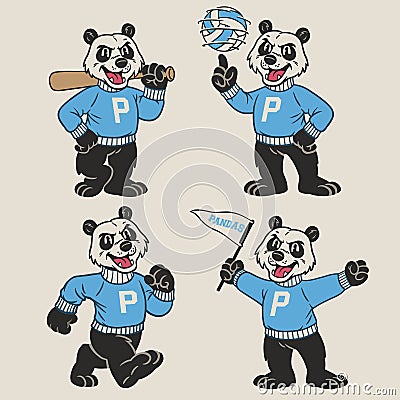 Set of Panda Sport Mascot in Vintage Retro Hand Drawn Style Vector Illustration