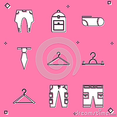 Set Pants, Backpack, Sport socks, Tie, Hanger wardrobe, and Cargo pants icon. Vector Stock Photo