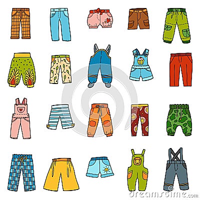 Set of pants, color collection of cartoon trousers and overalls Vector Illustration