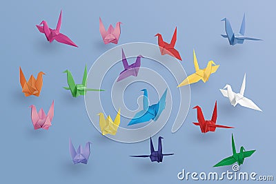 Set of paper birds on blue background.the art of origami Vector Illustration