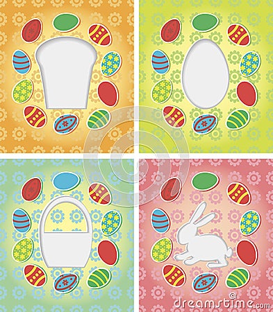 Set of paper card with Easter eggs, bunny, cake Vector Illustration