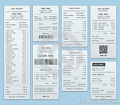 Set Paper check and financial check isolated. Cash register sales receipts printed on thermal rolled paper. Cash receipt Vector Illustration