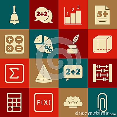 Set Paper clip, Abacus, Geometric figure Cube, Graph, schedule, chart, diagram, Calculator, Ringing bell and Feather and Vector Illustration