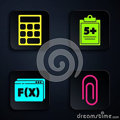 Set Paper clip, Calculator, Function mathematical symbol and Test or exam sheet. Black square button. Vector Vector Illustration