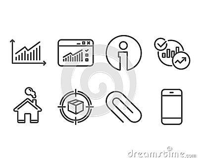 Paper clip, Parcel tracking and Statistics icons. Graph, Web traffic and Smartphone signs. Vector Illustration