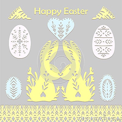 Set of paper cut festive symbols Holiday spring Easter signs egg, rabbit, heart, tree in pink, yellow, gray, blue colors Vector Illustration