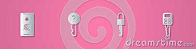 Set paper cut Mobile with fingerprint scan, Undefined key, Locked and Car remote icon. Paper art style. Vector Vector Illustration