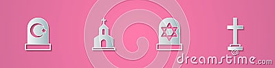 Set paper cut Muslim cemetery, Church building, Grave with star of david and cross icon. Paper art style. Vector Vector Illustration