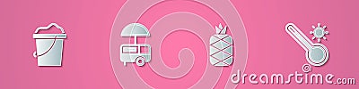 Set paper cut Sand in bucket, Fast street food cart, Pineapple and Meteorology thermometer icon. Paper art style. Vector Vector Illustration