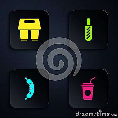 Set Paper glass with straw, Coffee cup to go, Hotdog and sandwich. Black square button. Vector Vector Illustration