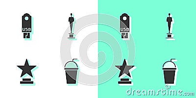 Set Paper glass with straw, USB flash drive, Movie trophy and icon. Vector Vector Illustration