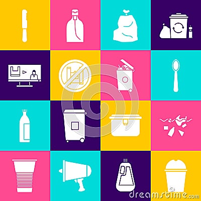 Set Paper glass water, Problem of pollution planet, Disposable plastic spoon, Garbage bag, Say no to bags poster, Stop Vector Illustration