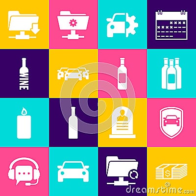 Set Paper money dollars cash, Car protection or insurance, Bottles of wine, service, Cars and icon. Vector Vector Illustration